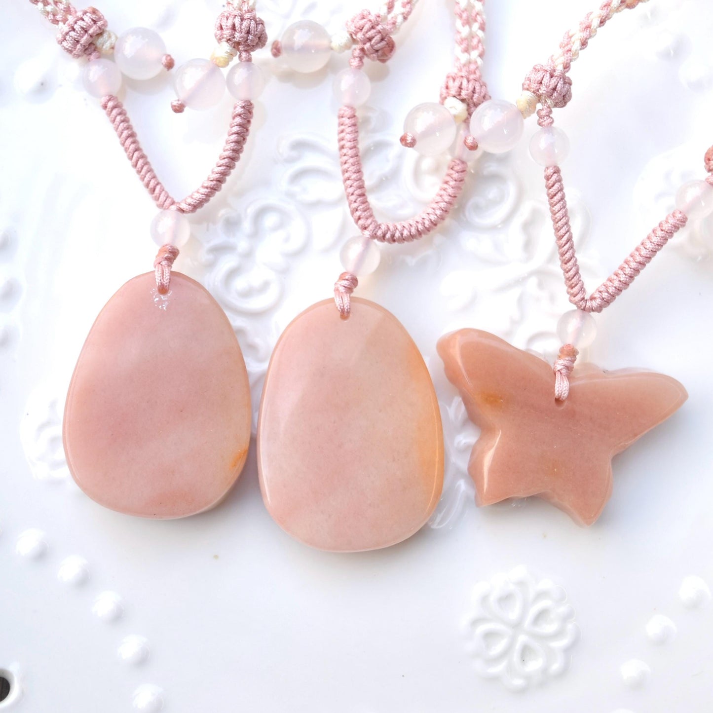 Peony Butterfly Pendant Rope Necklace - Pink Jade Pendant
