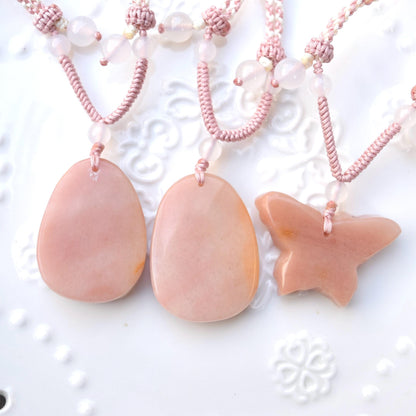Peony Butterfly Pendant Rope Necklace - Pink Jade Pendant