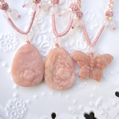 Peony Butterfly Pendant Rope Necklace - Pink Jade Pendant