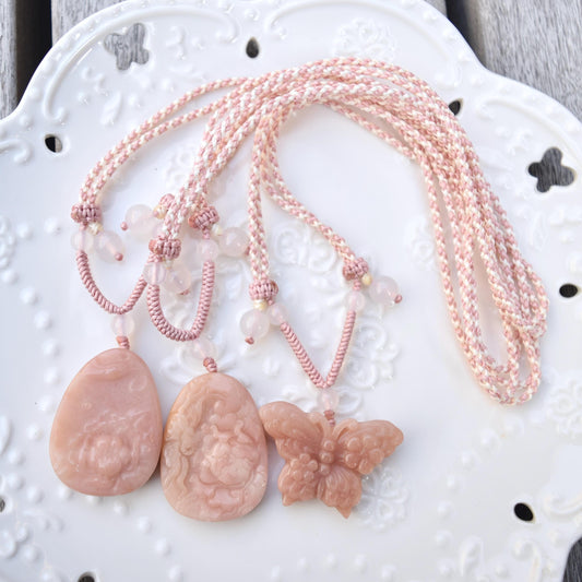 Peony Butterfly Pendant Rope Necklace - Pink Jade Pendant