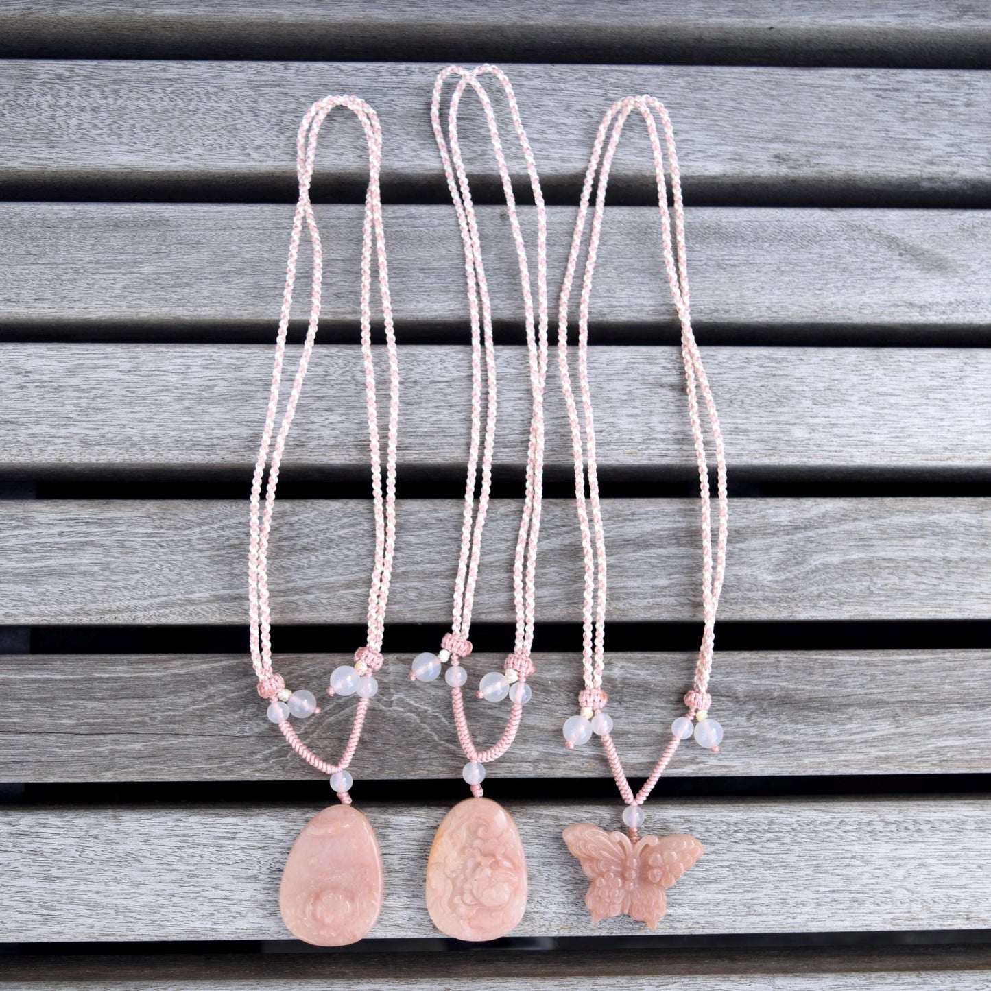 Peony Butterfly Pendant Rope Necklace - Pink Jade Pendant