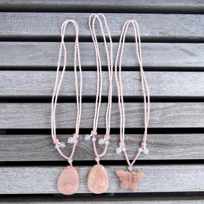 Peony Butterfly Pendant Rope Necklace - Pink Jade Pendant