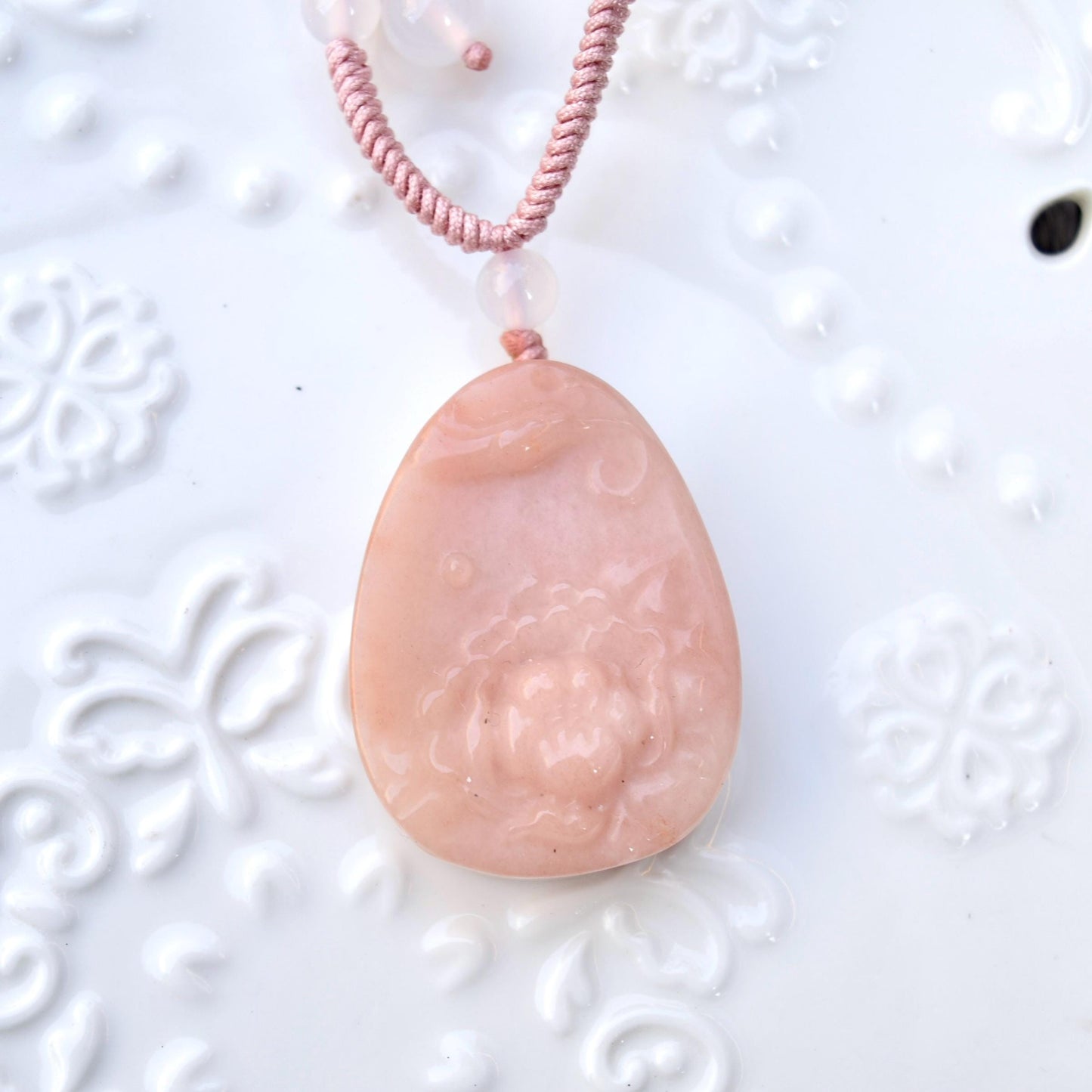 Peony Butterfly Pendant Rope Necklace - Pink Jade Pendant