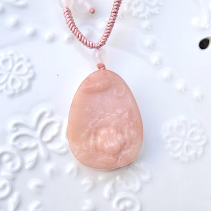 Peony Butterfly Pendant Rope Necklace - Pink Jade Pendant