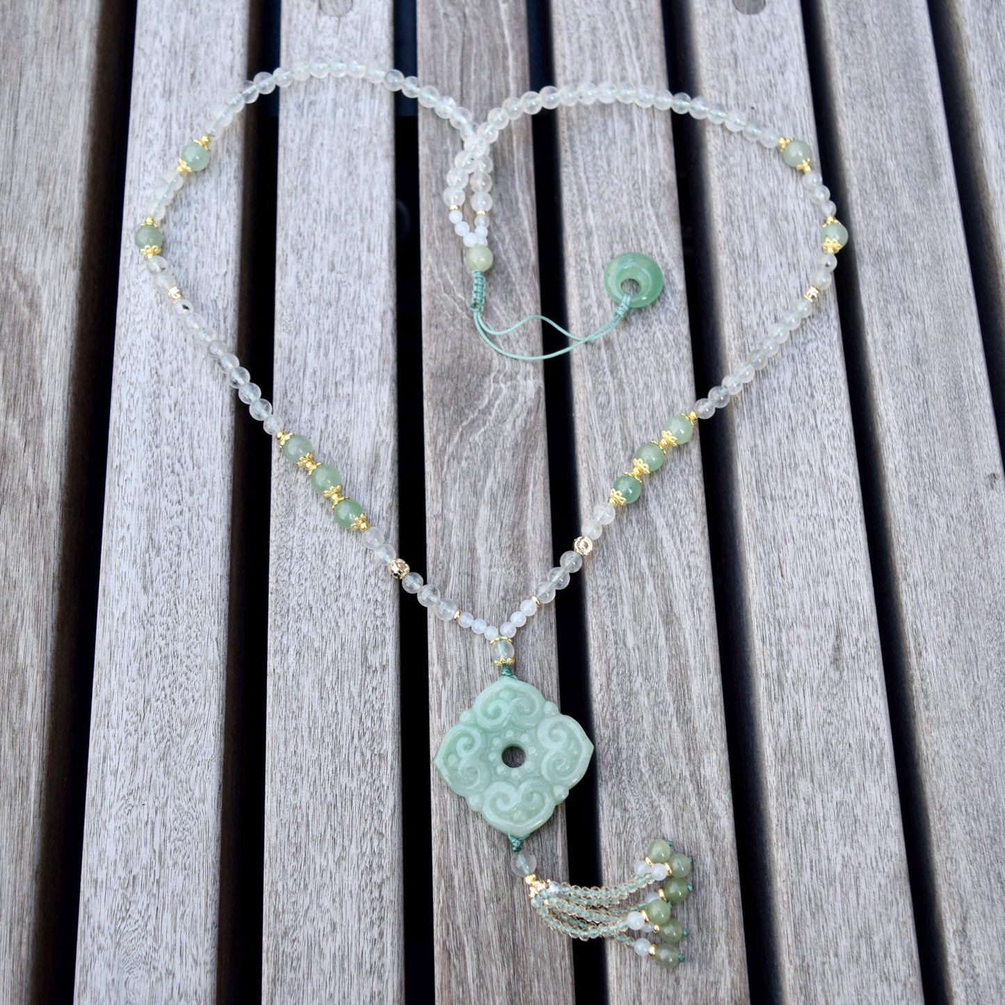 Ruyi Square Pendant Necklace - Green Aventurine Clear Quartz Beaded