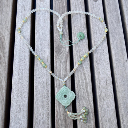 Ruyi Square Pendant Necklace - Green Aventurine Clear Quartz Beaded