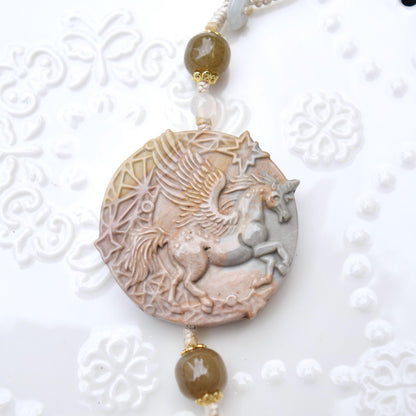 Unicorn Ornament - Bag Charm Keychain Tassel - Polychrome Jasper