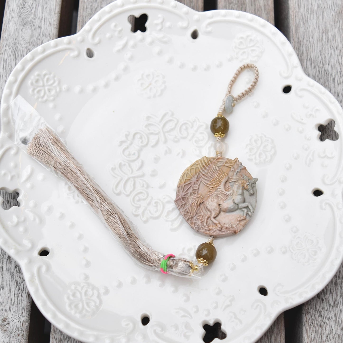 Unicorn Ornament - Bag Charm Keychain Tassel - Polychrome Jasper