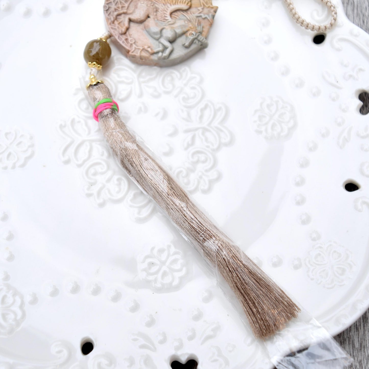 Unicorn Ornament - Bag Charm Keychain Tassel - Polychrome Jasper