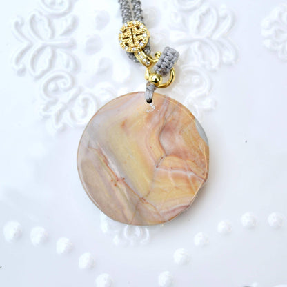 Circle Dragon Pendant Necklace - Yellow Jasper - Adjustable Rope Necklace
