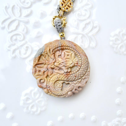 Circle Dragon Pendant Necklace - Yellow Jasper - Adjustable Rope Necklace