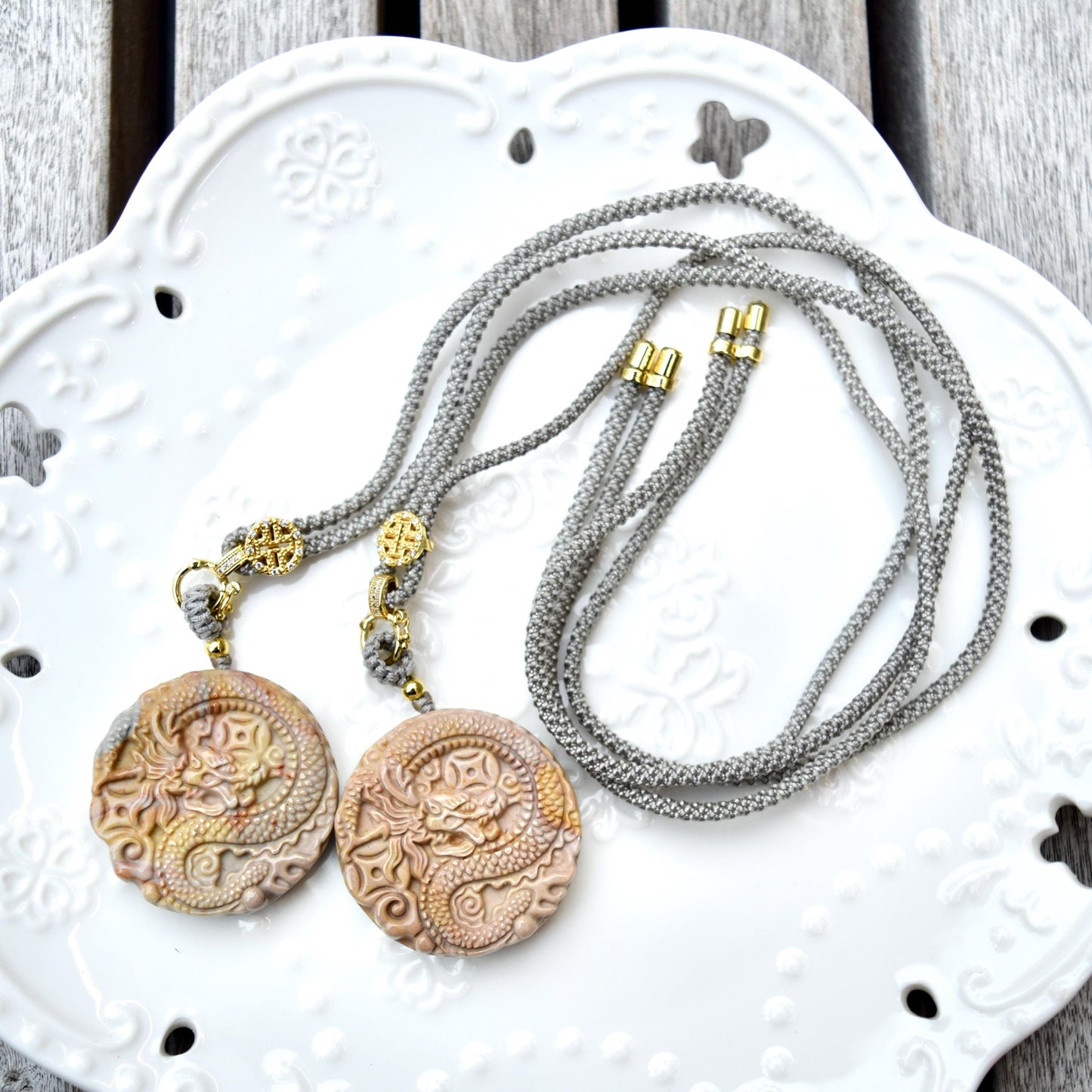 Circle Dragon Pendant Necklace - Yellow Jasper - Adjustable Rope Necklace