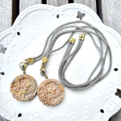 Circle Dragon Pendant Necklace - Yellow Jasper - Adjustable Rope Necklace
