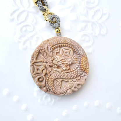 Circle Dragon Pendant Necklace - Yellow Jasper - Adjustable Rope Necklace