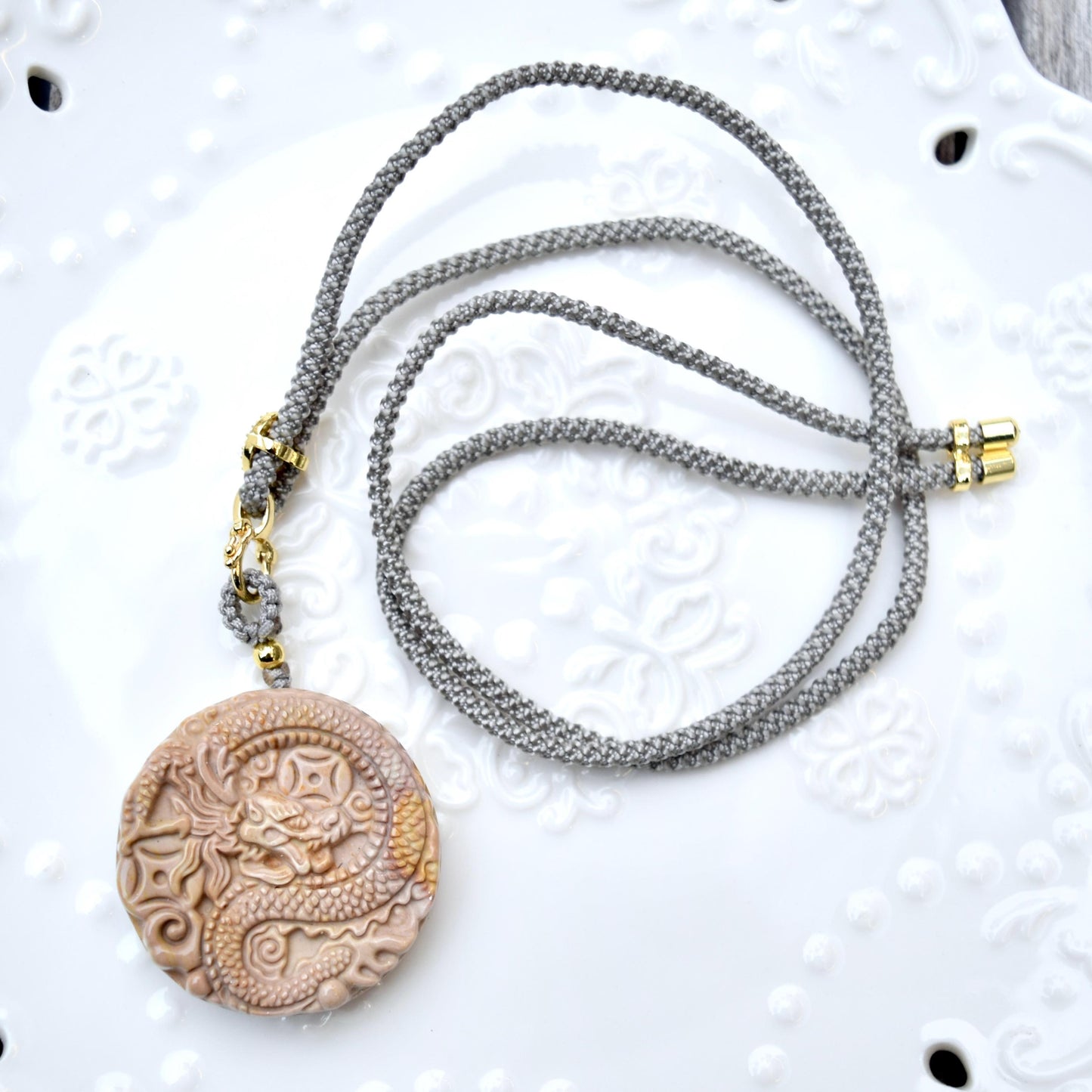 Circle Dragon Pendant Necklace - Yellow Jasper - Adjustable Rope Necklace