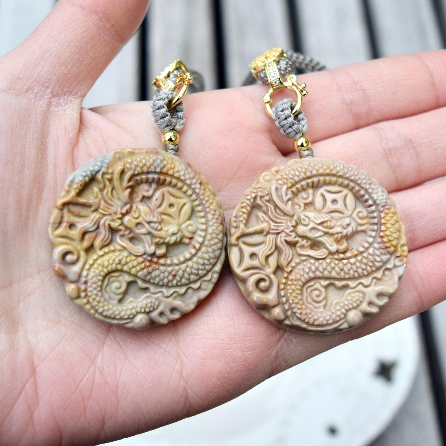 Circle Dragon Pendant Necklace - Yellow Jasper - Adjustable Rope Necklace