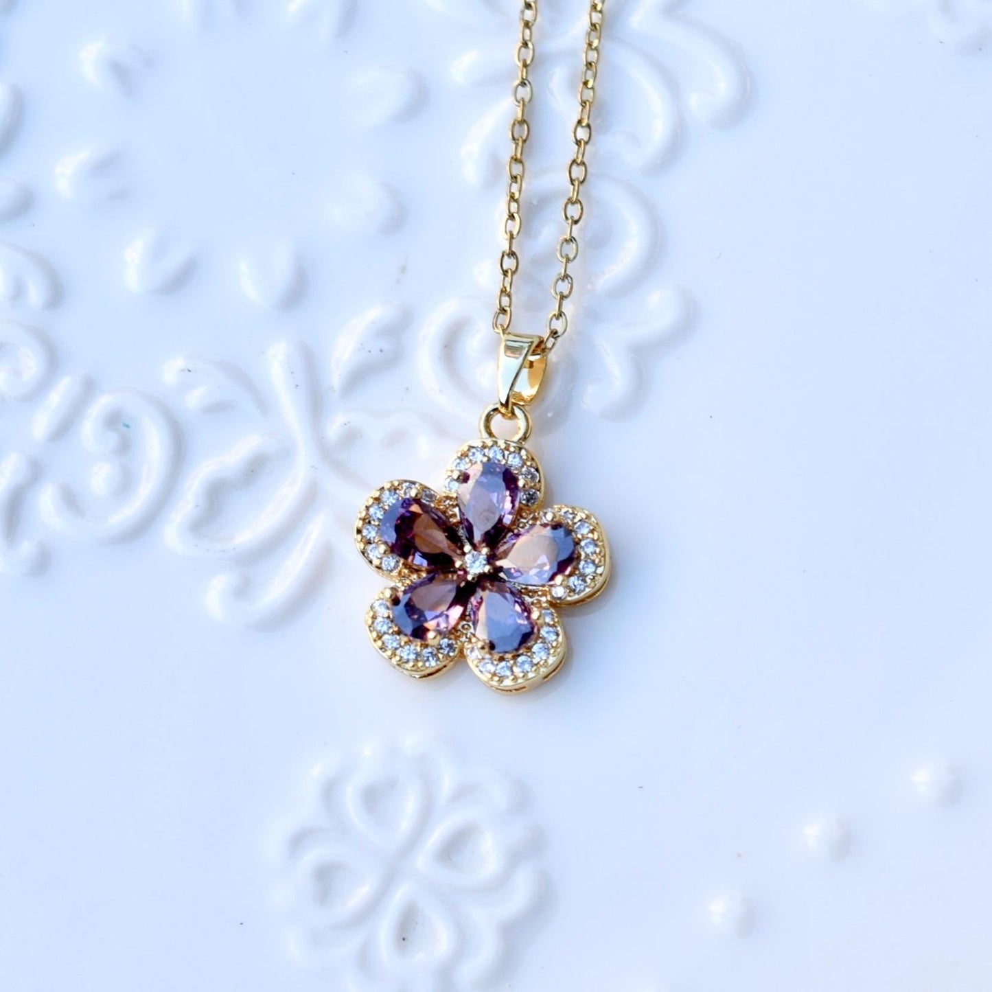 Pink Purple Flower Pendant Necklace - Stainless Steel Necklace