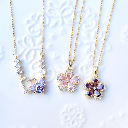 Pink Purple Flower Pendant Necklace - Stainless Steel Necklace