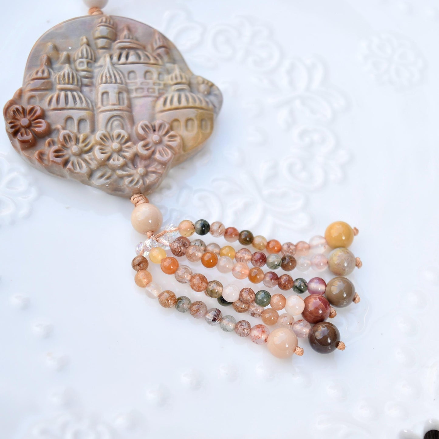 Jasper Flora Castle Pendant Tassel Necklace - Colorful Agate Necklace