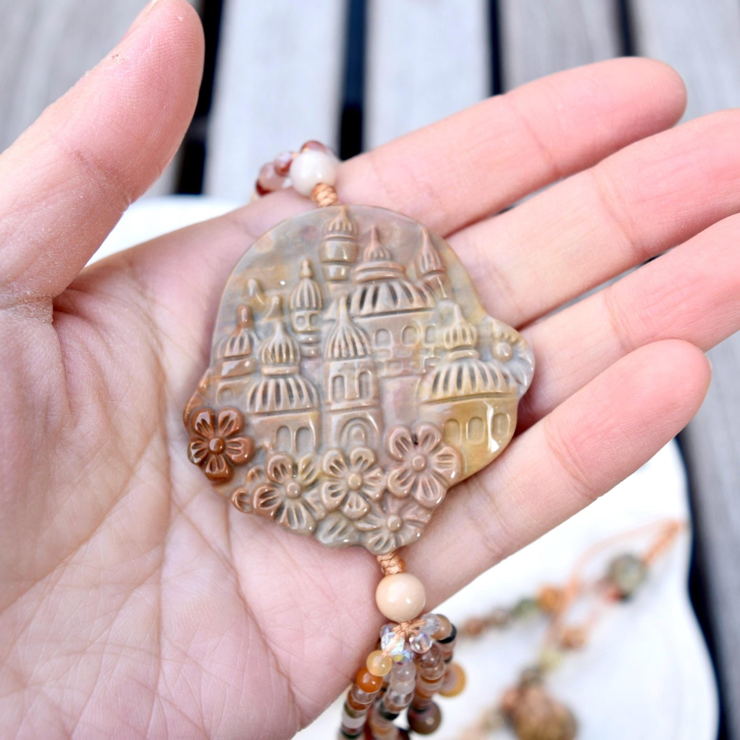 Jasper Flora Castle Pendant Tassel Necklace - Colorful Agate Necklace