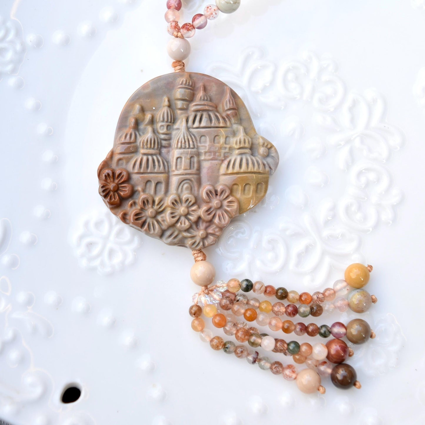 Jasper Flora Castle Pendant Tassel Necklace - Colorful Agate Necklace