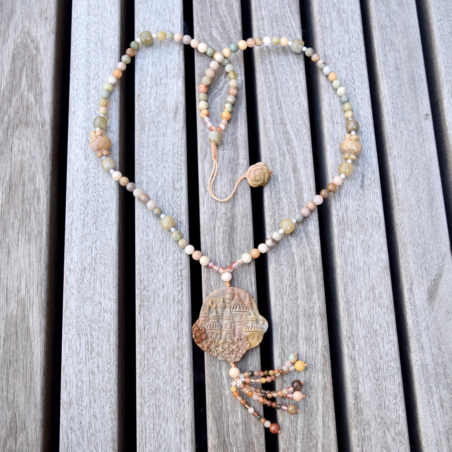 Jasper Flora Castle Pendant Tassel Necklace - Colorful Agate Necklace