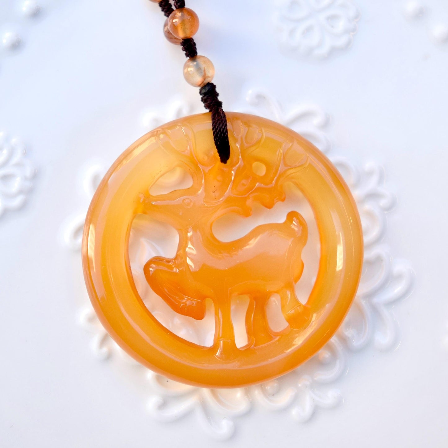 Agate Deer Pendant Necklace - Chinese Jade Stone Beaded Necklace