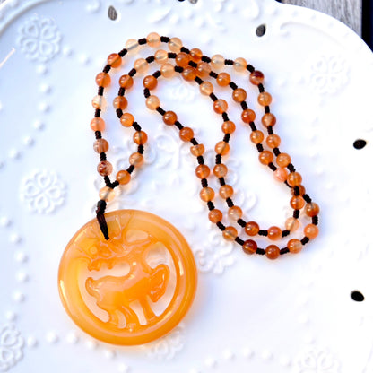 Agate Deer Pendant Necklace - Chinese Jade Stone Beaded Necklace