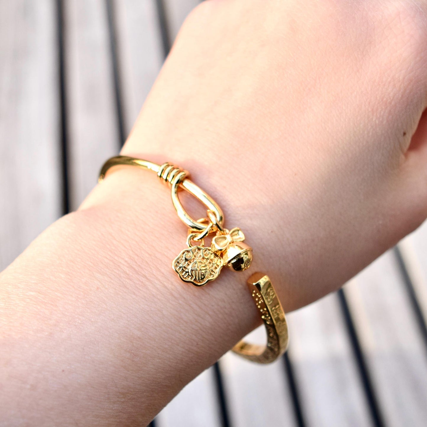 Golden Hundred Blessings Bell Bangle - Chinese Bangle