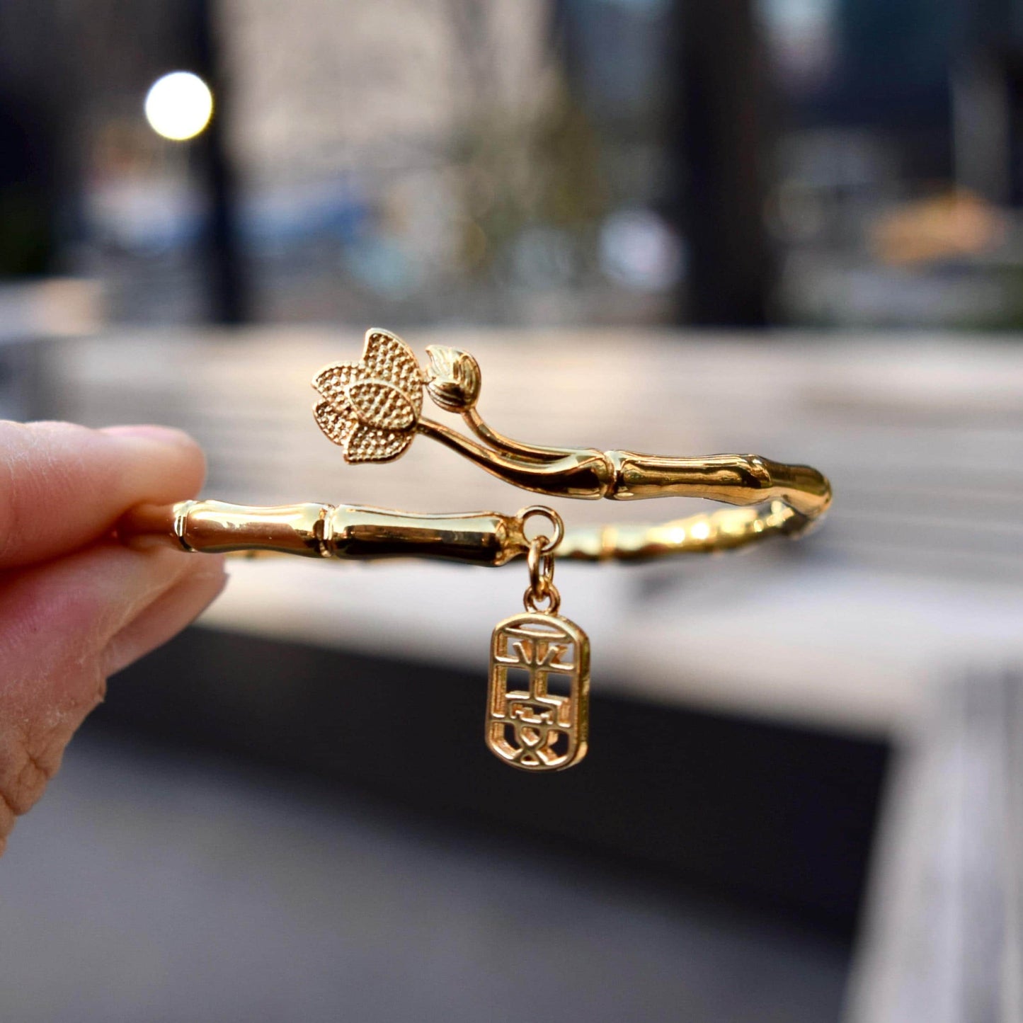 Golden Bamboo Lotus Safety Bangle - Chinese Bangle