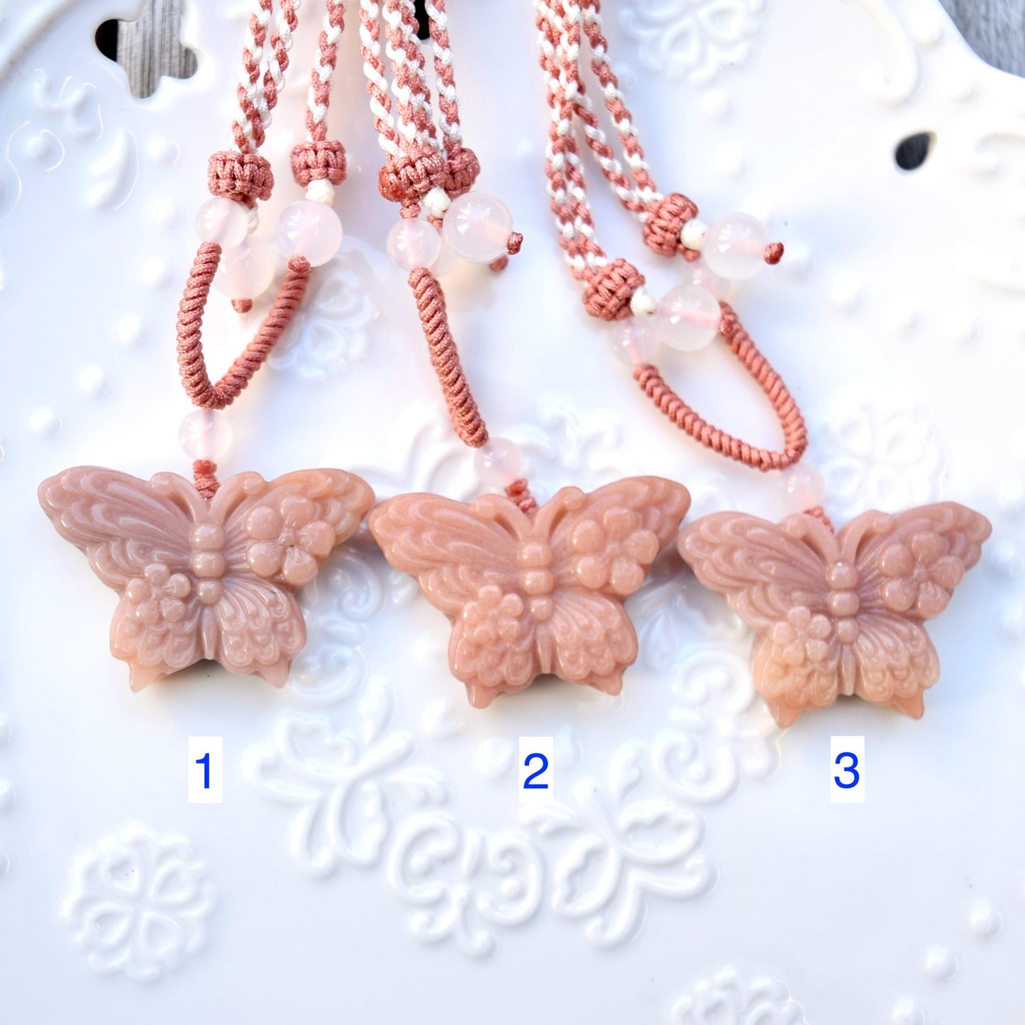 Flower Butterfly Pendant Rope Necklace - Pink Jade Pendant