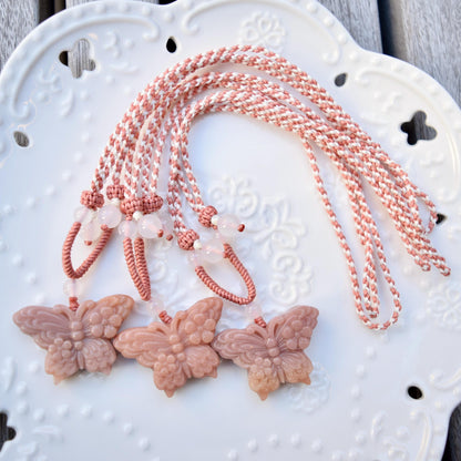 Flower Butterfly Pendant Rope Necklace - Pink Jade Pendant