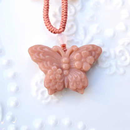 Flower Butterfly Pendant Rope Necklace - Pink Jade Pendant