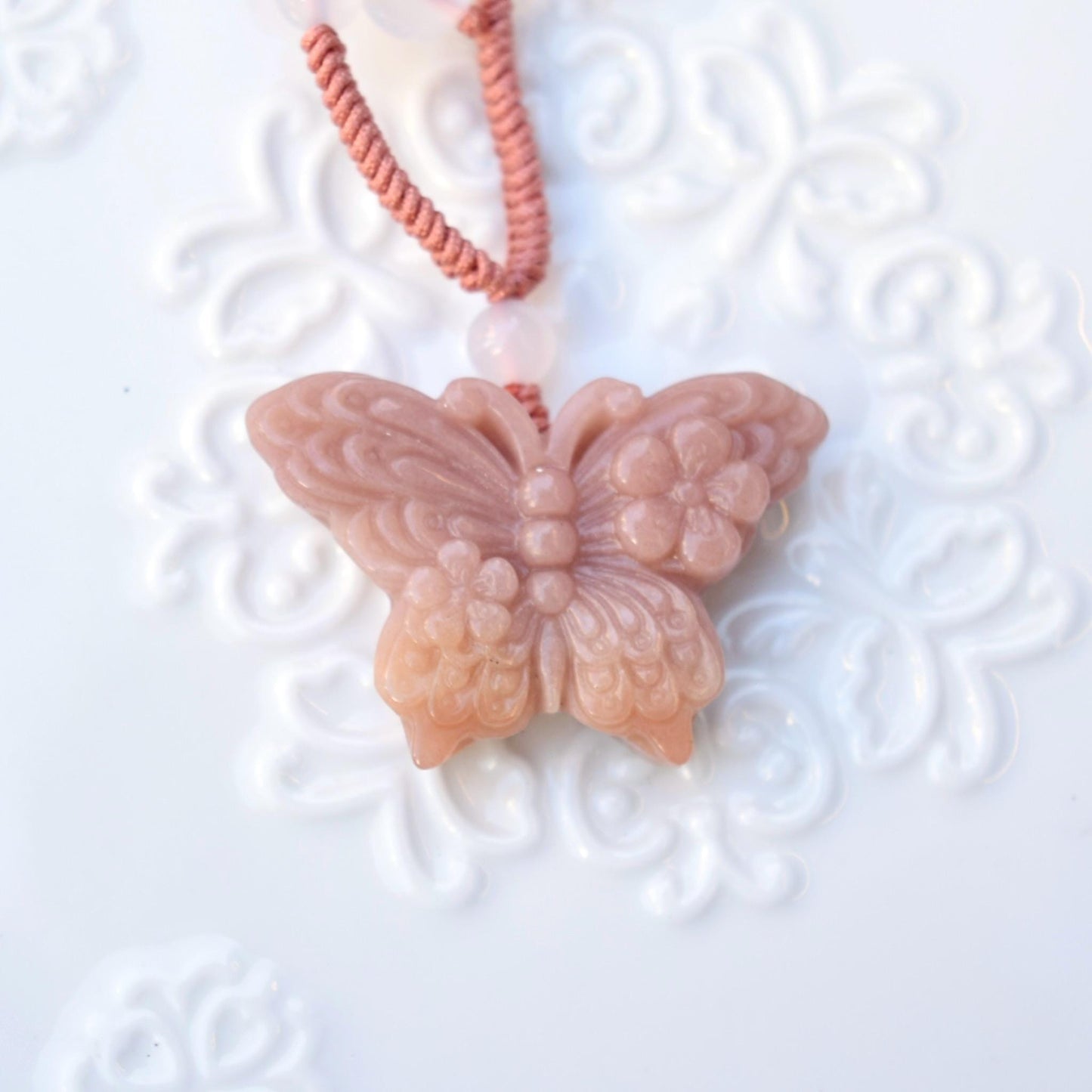 Flower Butterfly Pendant Rope Necklace - Pink Jade Pendant
