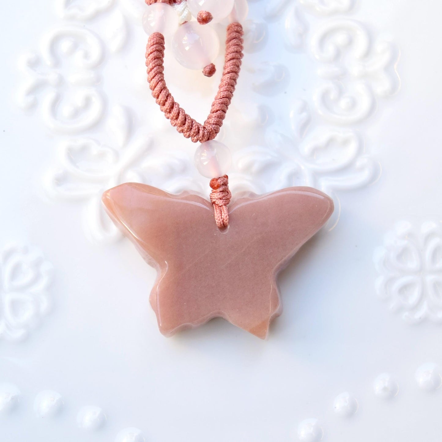 Flower Butterfly Pendant Rope Necklace - Pink Jade Pendant