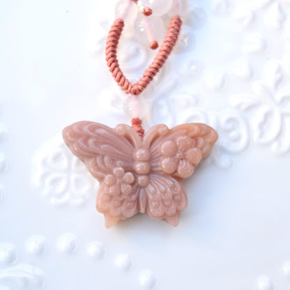 Flower Butterfly Pendant Rope Necklace - Pink Jade Pendant
