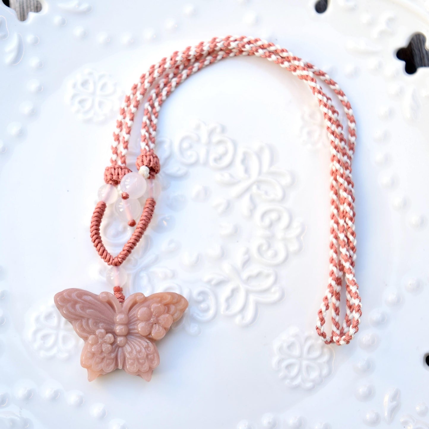 Flower Butterfly Pendant Rope Necklace - Pink Jade Pendant