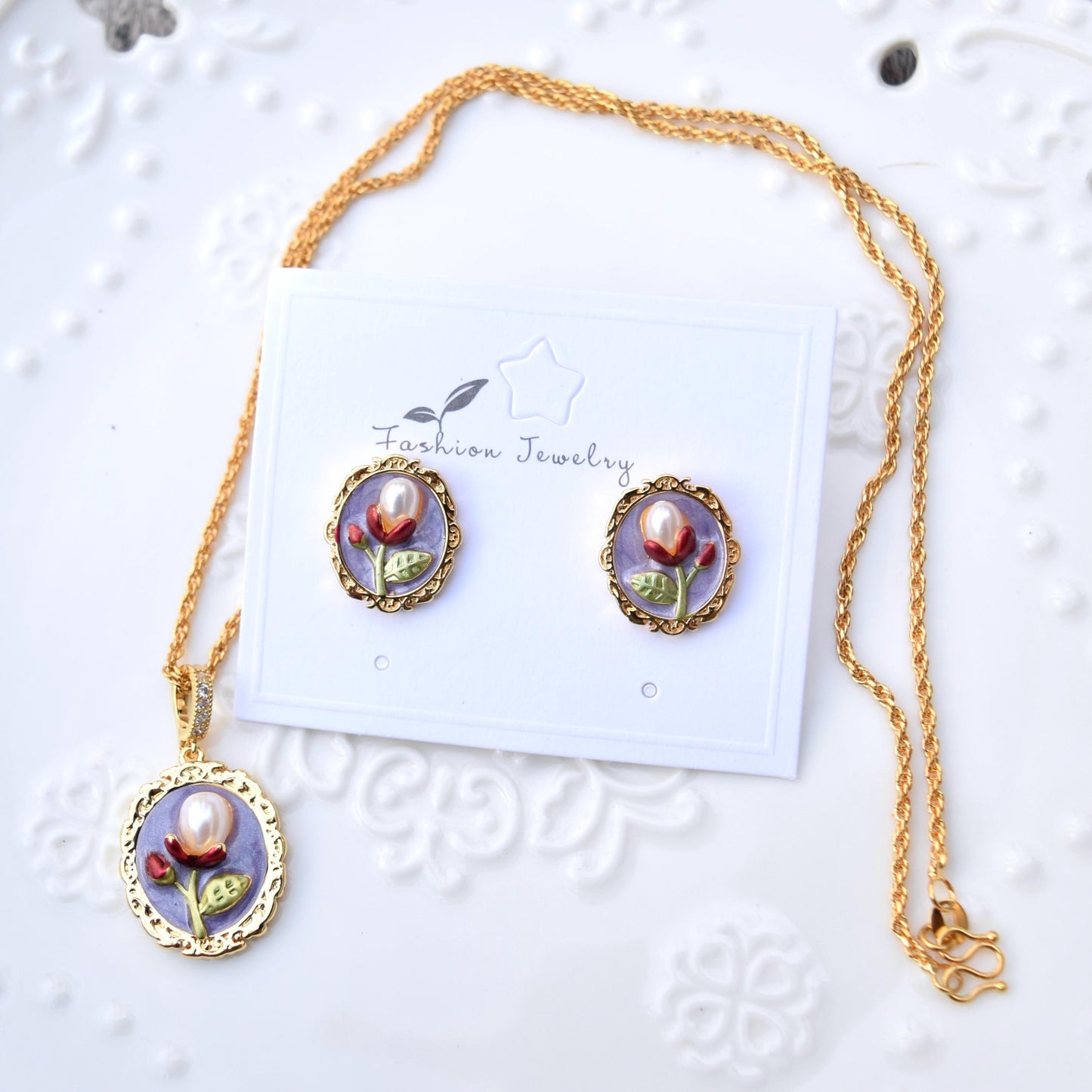 Purple Enamel Pearl Flora Jewelry Set - Oil Painting Style
