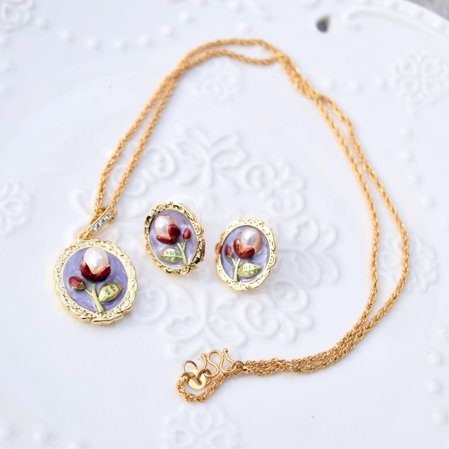 Purple Enamel Pearl Flora Jewelry Set - Oil Painting Style