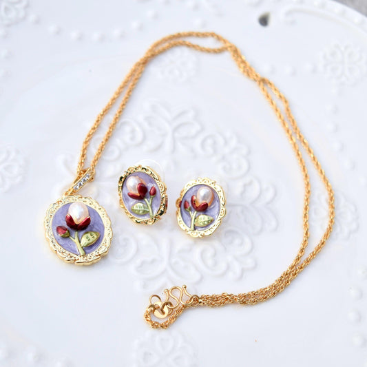 Purple Enamel Pearl Flora Jewelry Set - Oil Painting Style