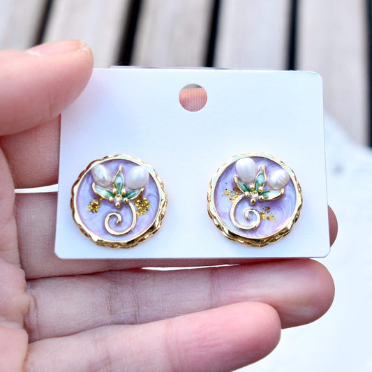 Purple Flora Stud Earrings - Vintage Style Enamel Earrings