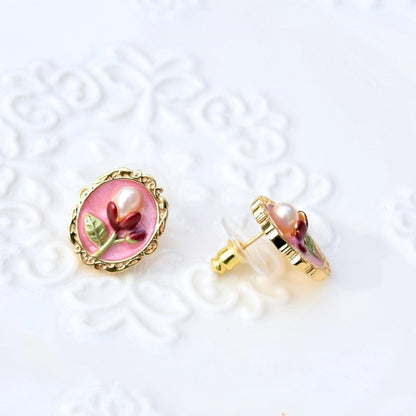 Pink Enamel Pearl Flora Jewelry Set - Oil Painting Style