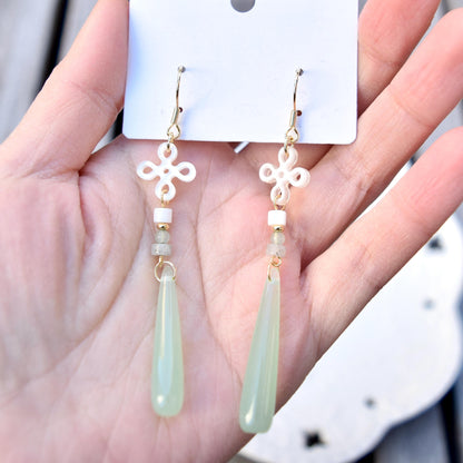Green Teardrop Clover Earrings - Jade Style Dangle Earrings