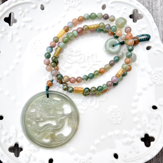 Green Dragon Pendant Tassel Necklace - Agate Beaded Necklace