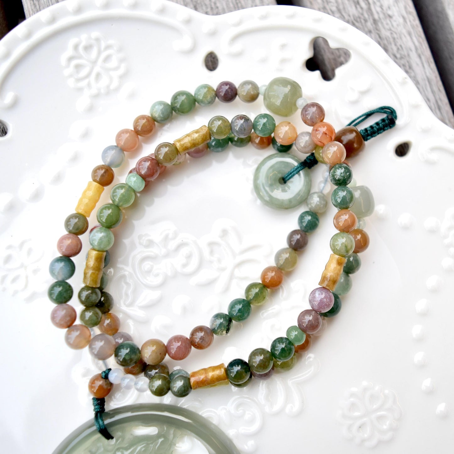 Green Dragon Pendant Tassel Necklace - Agate Beaded Necklace