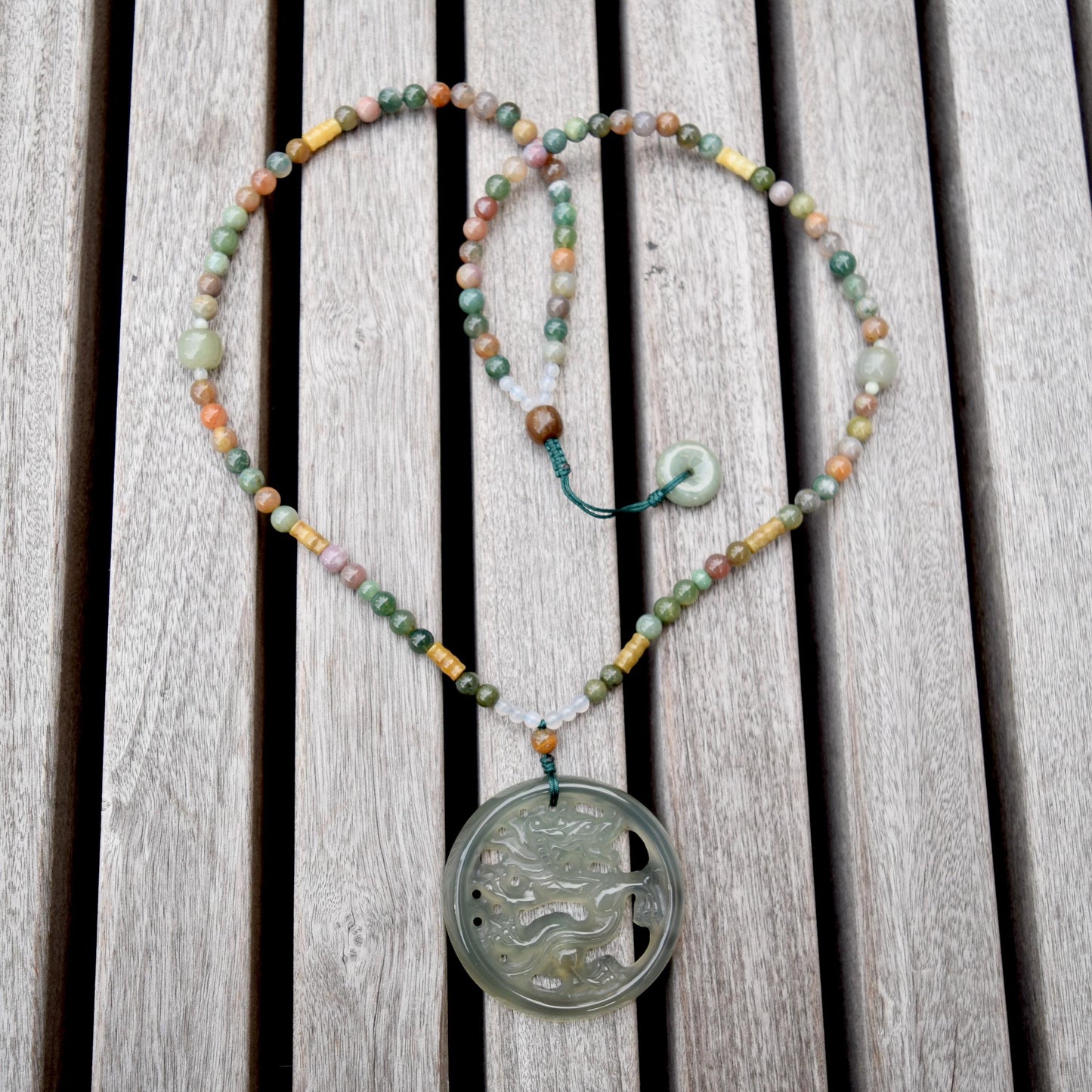 Green Dragon Pendant Tassel Necklace - Agate Beaded Necklace