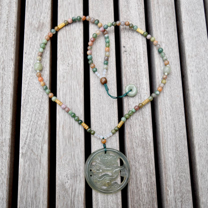 Green Dragon Pendant Tassel Necklace - Agate Beaded Necklace