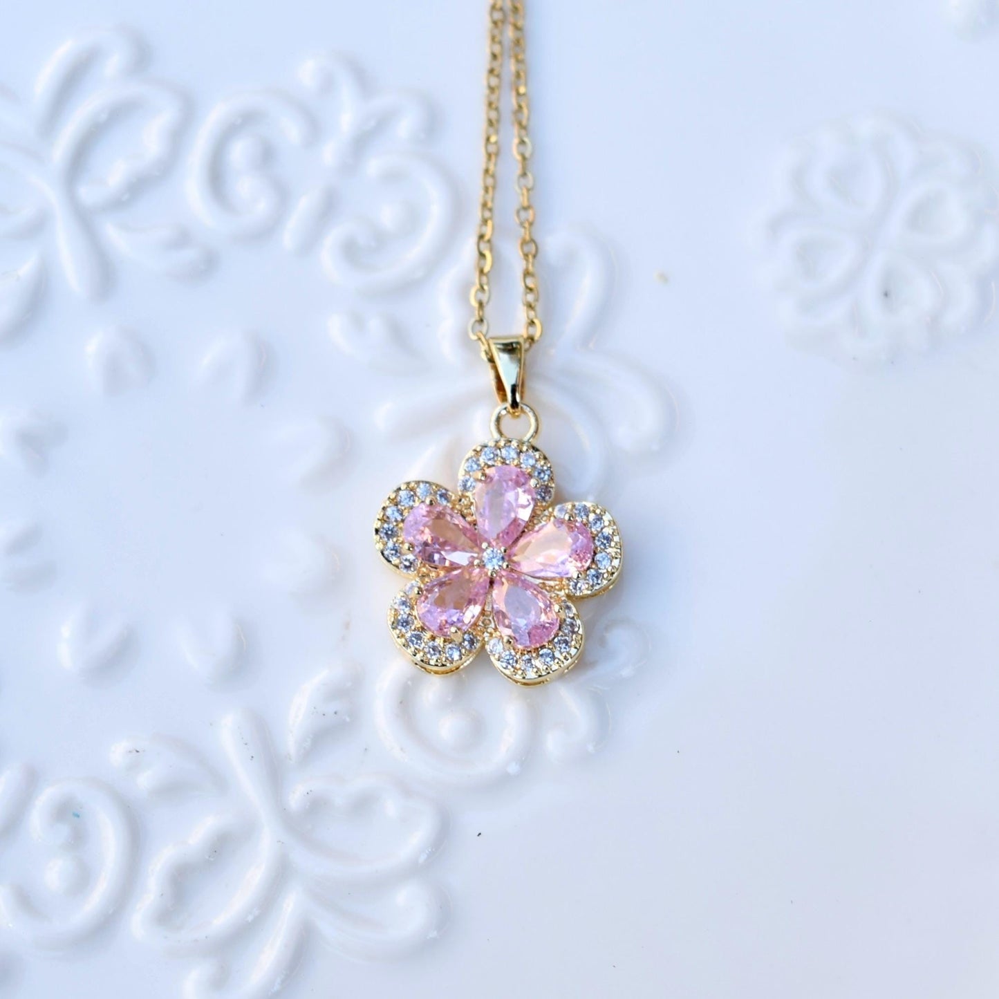 Pink Purple Flower Pendant Necklace - Stainless Steel Necklace