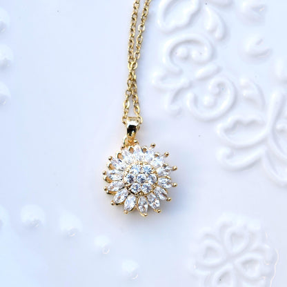 White Crystal Sunflower Rotating Pendant Necklace - CZ Diamond Stainless Steel Necklace