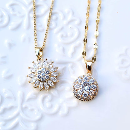 White Crystal Sunflower Rotating Pendant Necklace - CZ Diamond Stainless Steel Necklace